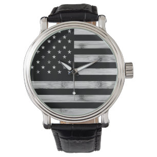 Amerikaanse vlag Rustic Wood Black White Patriotic Horloge