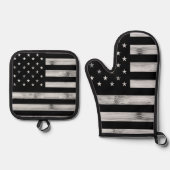 Amerikaanse vlag Rustic Wood Black White Patriotic Ovenwant & Pannenlap Set (Voorkant)