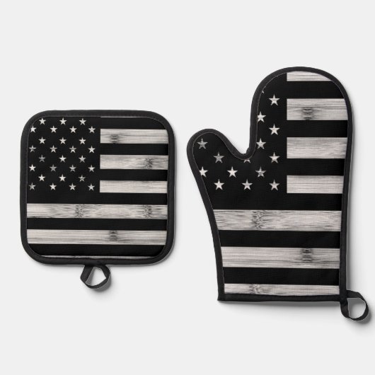 Amerikaanse vlag Rustic Wood Black White Patriotic Ovenwant & Pannenlap Set (Voorkant)