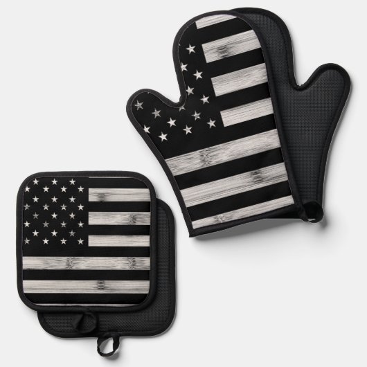 Amerikaanse vlag Rustic Wood Black White Patriotic Ovenwant & Pannenlap Set (Voorkant / Achterkant)