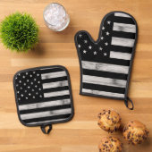 Amerikaanse vlag Rustic Wood Black White Patriotic Ovenwant & Pannenlap Set (Top down)