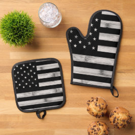 Amerikaanse vlag Rustic Wood Black White Patriotic Ovenwant & Pannenlap Set