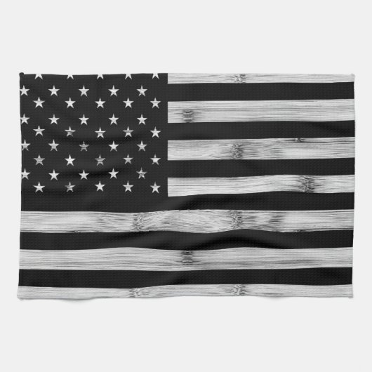 Amerikaanse vlag Rustic Wood Black White Patriotic Theedoek (Horizontaal)