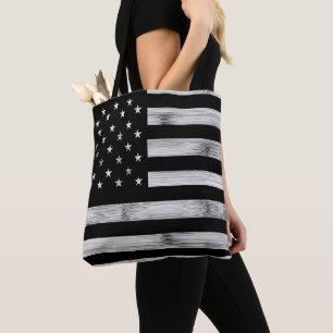 Amerikaanse vlag Rustic Wood Black White Patriotic Tote Bag