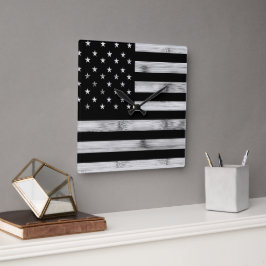 Amerikaanse vlag Rustic Wood Black White Patriotic Vierkante Klok