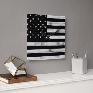 Amerikaanse vlag Rustic Wood Black White Patriotic Vierkante Klok