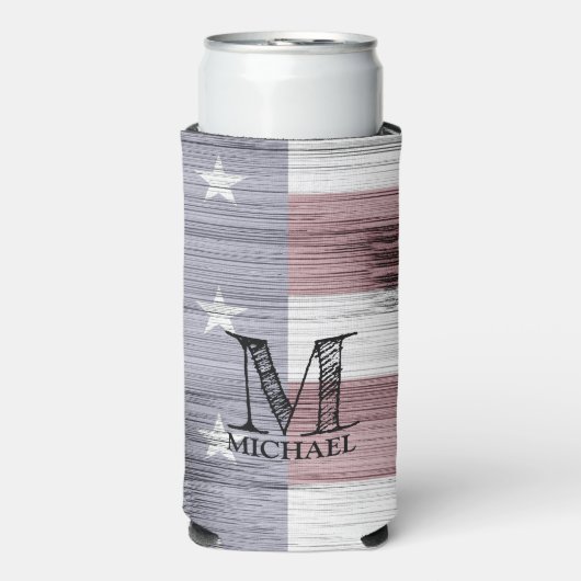 Amerikaanse vlag Rustiek Rood Wit Blauw Hout Monog Seltzer Blikjeskoeler (Seltzer Voorkant)