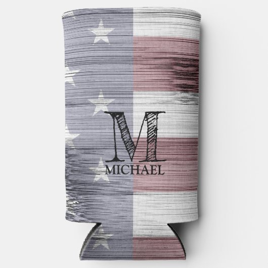 Amerikaanse vlag Rustiek Rood Wit Blauw Hout Monog Seltzer Blikjeskoeler (Voorkant)