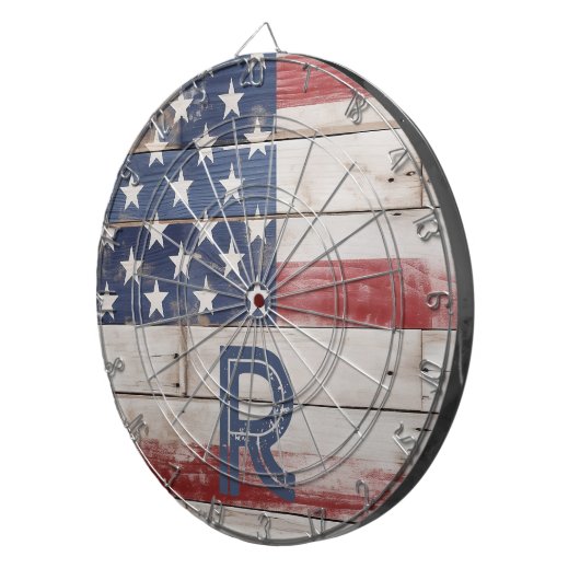 Amerikaanse vlag rustiek rood wit blauw monogram dartbord (Voorkant Rechts)