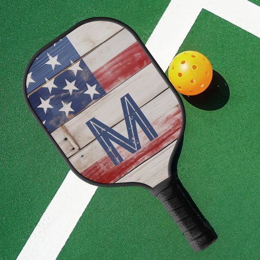 Amerikaanse vlag rustiek rood wit blauw monogram pickleball paddle