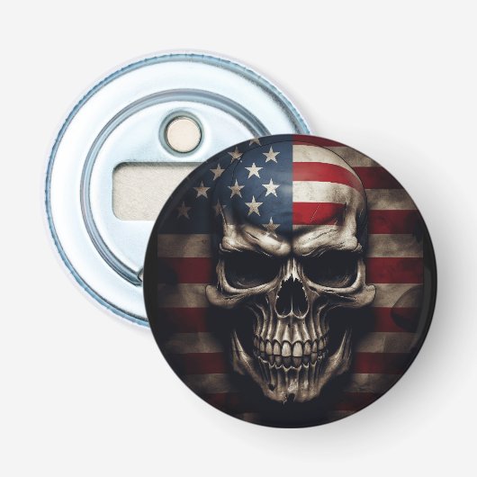 Amerikaanse Vlag Schedel Button Flesopener (Voorkant)