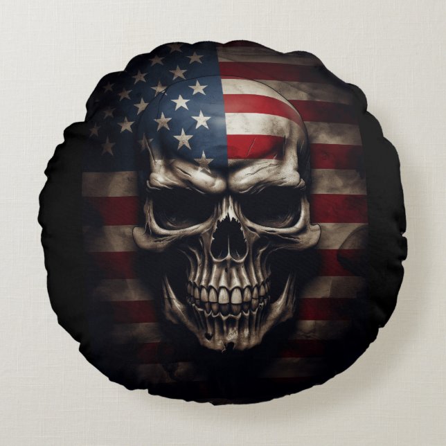 Amerikaanse Vlag Schedel Rond Kussen (Voorkant)