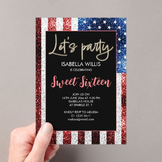 Amerikaanse vlag schittert Sweet 16 Birthday Lets- Acryl Uitnodigingen (Insitu (Draagbaar))