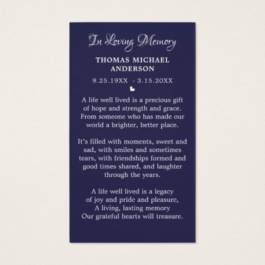 Amerikaanse vlag Simple Memorial Funeral Prayer Ka Visitekaartje (Achterkant)