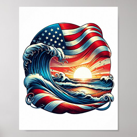 Amerikaanse Vlag Strand Wave Sunset Patriottische Poster (Voorkant)