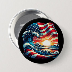 Amerikaanse Vlag Strand Wave Sunset Patriottische  Ronde Button 7,6 Cm