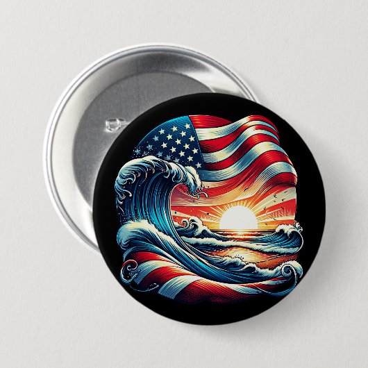 Amerikaanse Vlag Strand Wave Sunset Patriottische Ronde Button 7,6 Cm (Voorkant /achterkant)