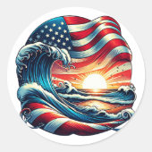 Amerikaanse Vlag Strand Wave Sunset Patriottische  Ronde Sticker (Voorkant)