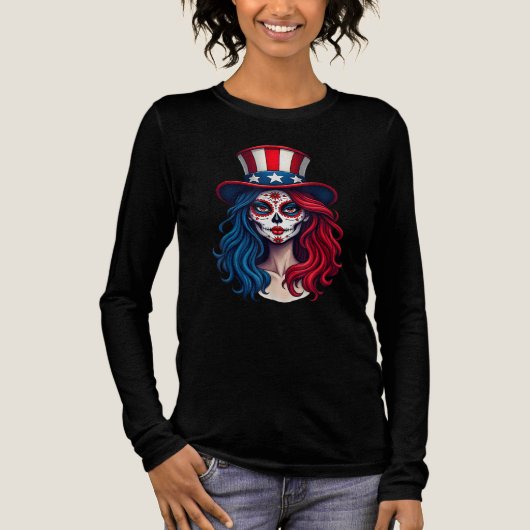 Amerikaanse vlag Sugar Skull Skeleton Tri-Blend Shirt (Voorkant)