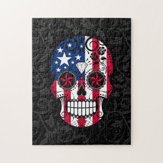 Amerikaanse vlag Suikerschedel met Rozen Legpuzzel (Verticaal)