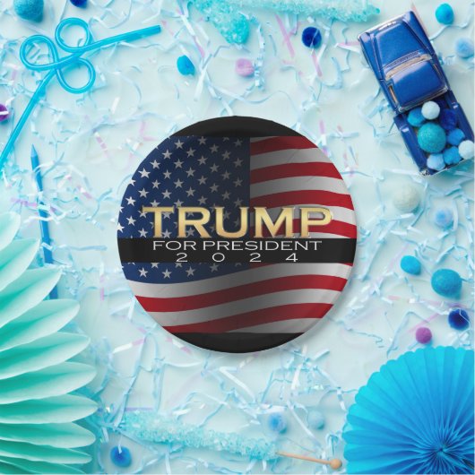 Amerikaanse vlag Trump 2024 Gold Patriotic Papieren Bordje (Feest)