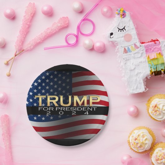 Amerikaanse vlag Trump 2024 Gold Patriotic Papieren Bordje (Feest)