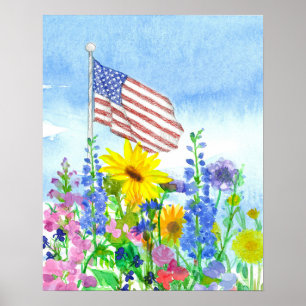 Amerikaanse Vlag Tuin Bloemen Aquarel Lucht Poster