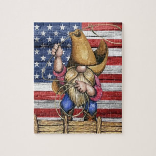 Amerikaanse vlag van hout met Cowboy Gnome Legpuzzel