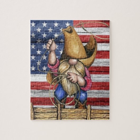 Amerikaanse vlag van hout met Cowboy Gnome Legpuzzel (Verticaal)
