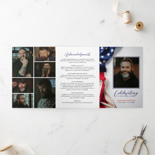 Amerikaanse Vlag Viering van het Leven Foto Collag Drieluik Programma (Buitenkant)