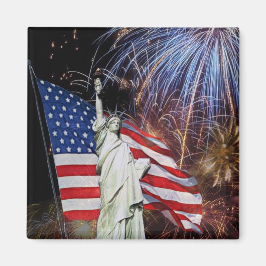 Amerikaanse vlag, vuurwerk en Vrijheidsbeeld Magneet (Voorkant)