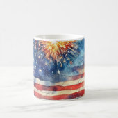 Amerikaanse vlag. Vuurwerk. Koffiemok (Center)