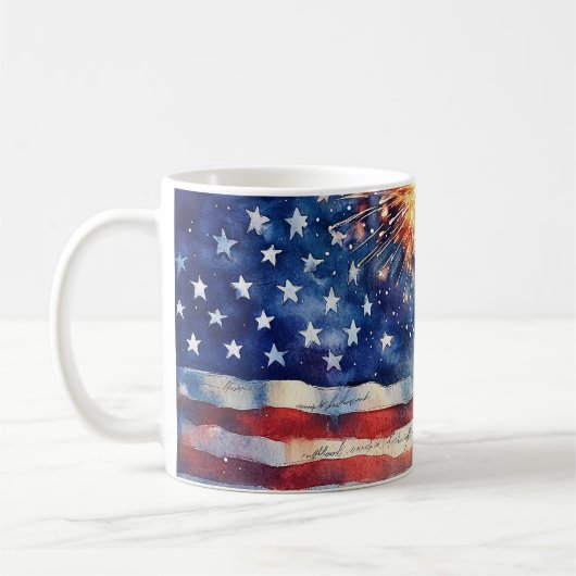 Amerikaanse vlag. Vuurwerk. Koffiemok (Links)