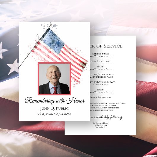 Amerikaanse Vlag Waterverf Funeral Service Herdenk Programmakaart