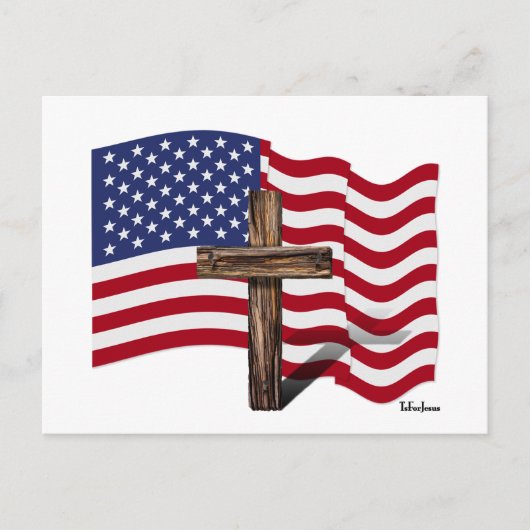 Amerikaanse vlag Waving and Rugged Cross Briefkaart (Voorkant)