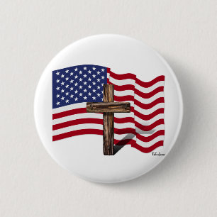 Amerikaanse vlag Waving and Rugged Cross Ronde Button 5,7 Cm