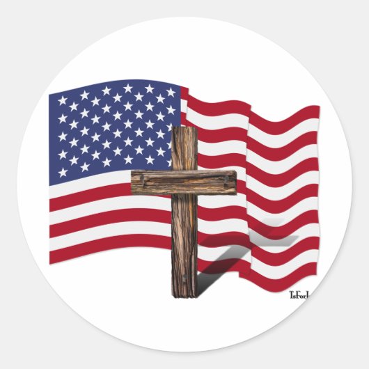 Amerikaanse vlag Waving and Rugged Cross Ronde Sticker (Voorkant)