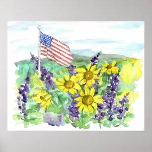 Amerikaanse vlag Woestijn Wilde Bloemen Aquarel Lu Poster