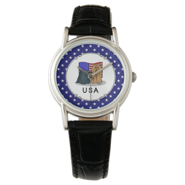 Amerikaanse vlag Yorkshire Terrier (Yorkie) Dog Horloge (Voorkant)