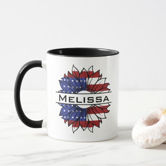 Amerikaanse vlag Zonnebloem met naam Mok (Met donut)