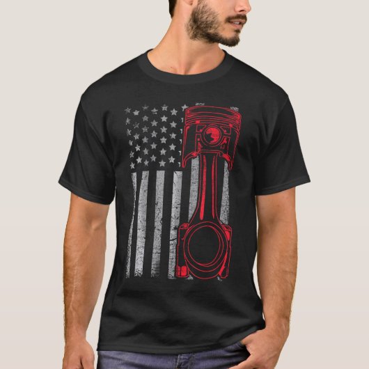 Amerikaanse vlag zuiger grappige spier auto monteu t-shirt (Voorkant)