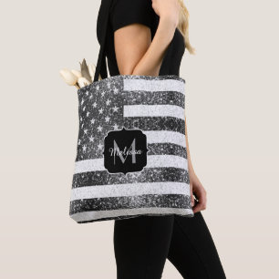 Amerikaanse vlag Zwart Wit Sparkles Monogram Tote Bag