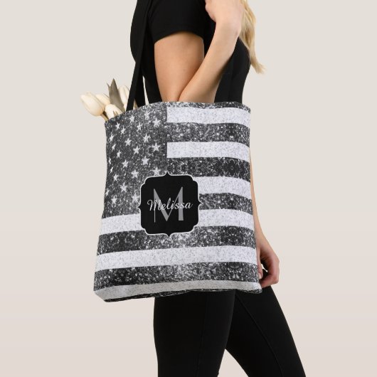 Amerikaanse vlag Zwart Wit Sparkles Monogram Tote Bag (Dichtbij)