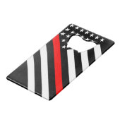 Amerikaanse vlag zwarte en witte dunne rode lijn creditkaart flessenopener (Voorkant Gekanteld)