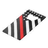 Amerikaanse vlag zwarte en witte dunne rode lijn creditkaart flessenopener (Achterkant Gekanteld)