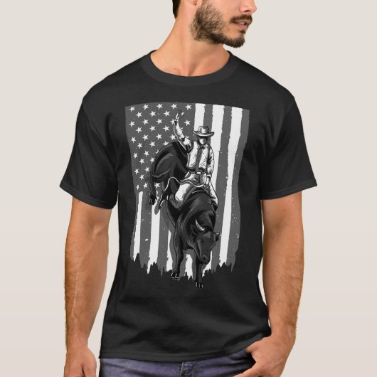 Amerikaanse vlagbull Riding Cowboy 4 juli Patri T-shirt (Voorkant)