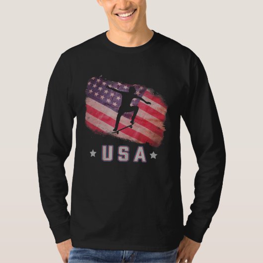 Amerikaanse vlaggen- en skateboarden-team sterren t-shirt (Voorkant)