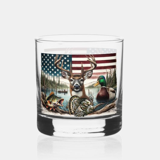 Amerikaanse vlagjacht en Gevist thema Whisky Glas (Voorkant)