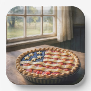 Amerikaanse vlagkorst op aardbeientaart papieren bordje