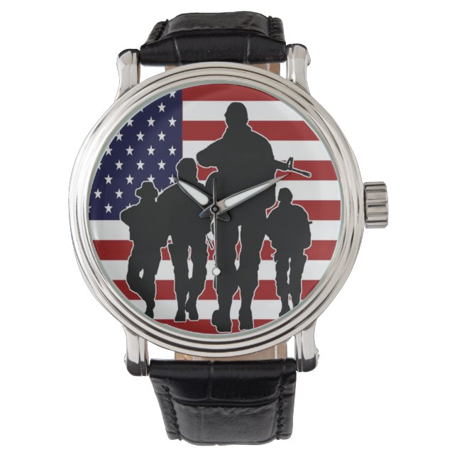 Amerikaanse vlagsoldaten Silhouette Wrist Watch Horloge (Voorkant)